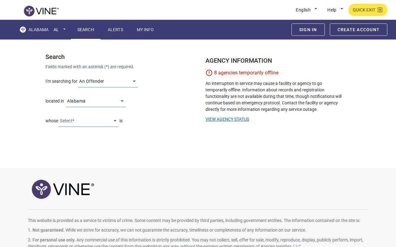 Alabama VINE person search for Bibb County arrest custody checking