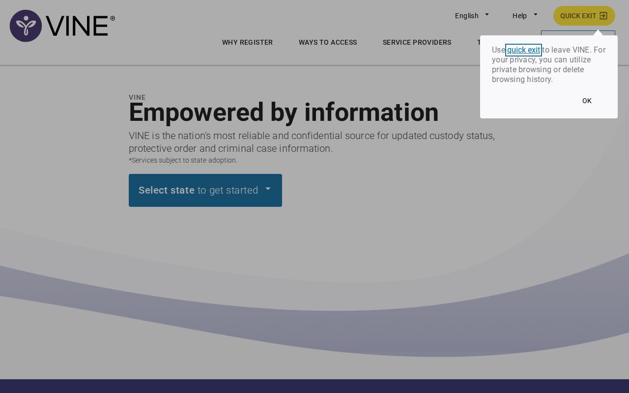 Alabama VINELink entry screen for a Bibb County arrest custody check